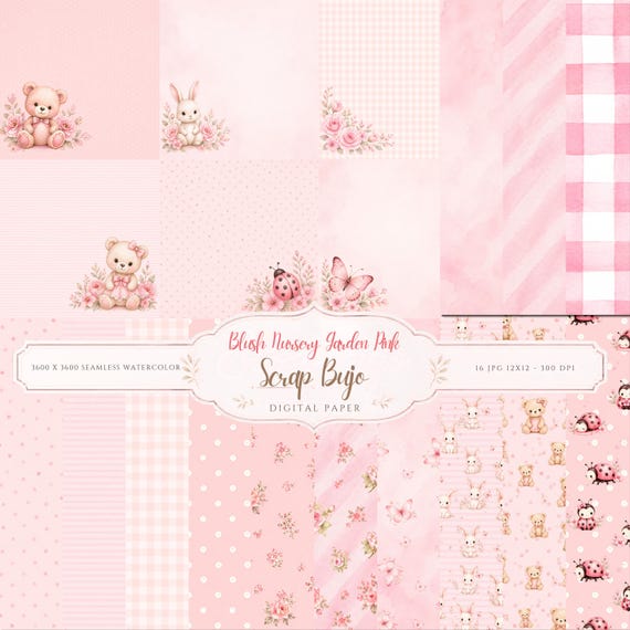 Pink Nursery Digital Paper Pack | Bunny, Bear, Floral Patterns (Digital Download)