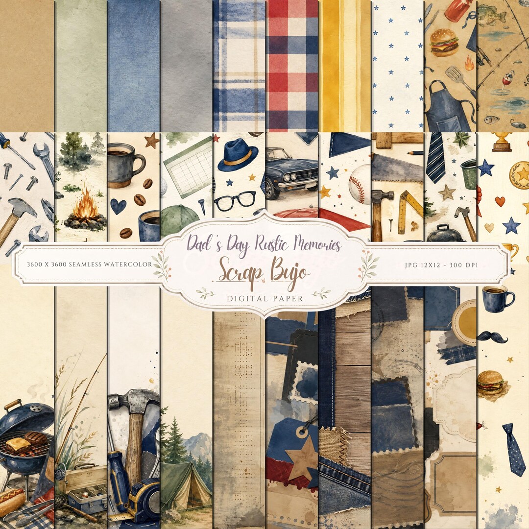 Rustic Father’s Day Digital Paper Pack, BBQ Fishing Tools Journal Cards (Digital Download)