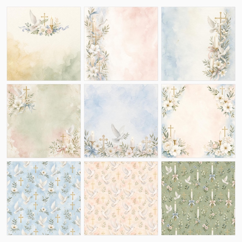 Akvarell dop, första nattvard, scrapbookpapper, religiösa blommiga duvljusdesigner (12x12 JPG) bild 4
