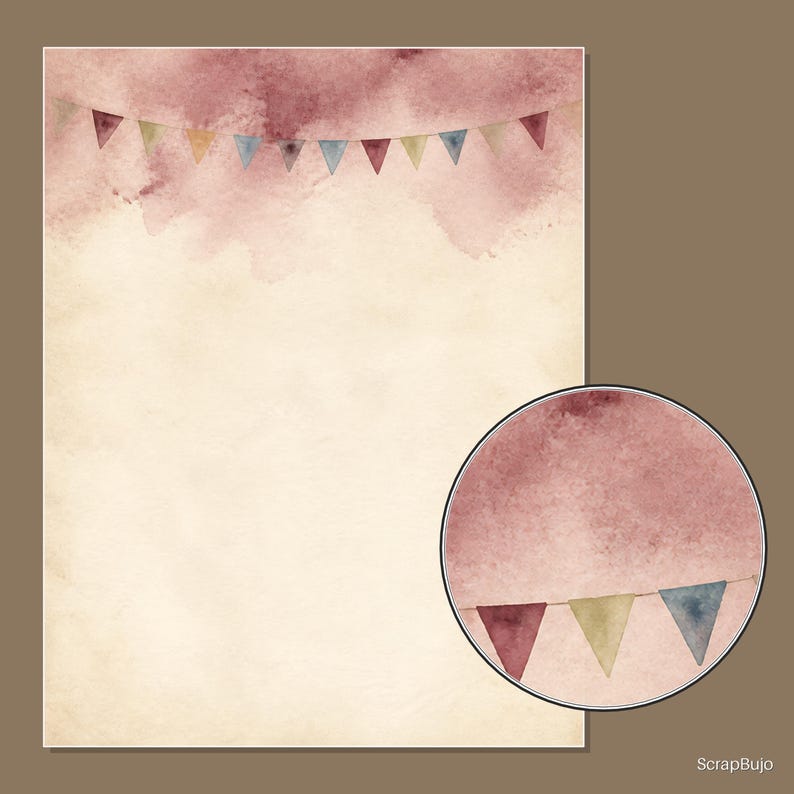May include: A rectangular sheet of paper with a cream-colored background and a watercolor wash in shades of dusty rose at the top. A string of small, triangular bunting flags in muted colors hangs across the top section. A circular inset shows a detail.