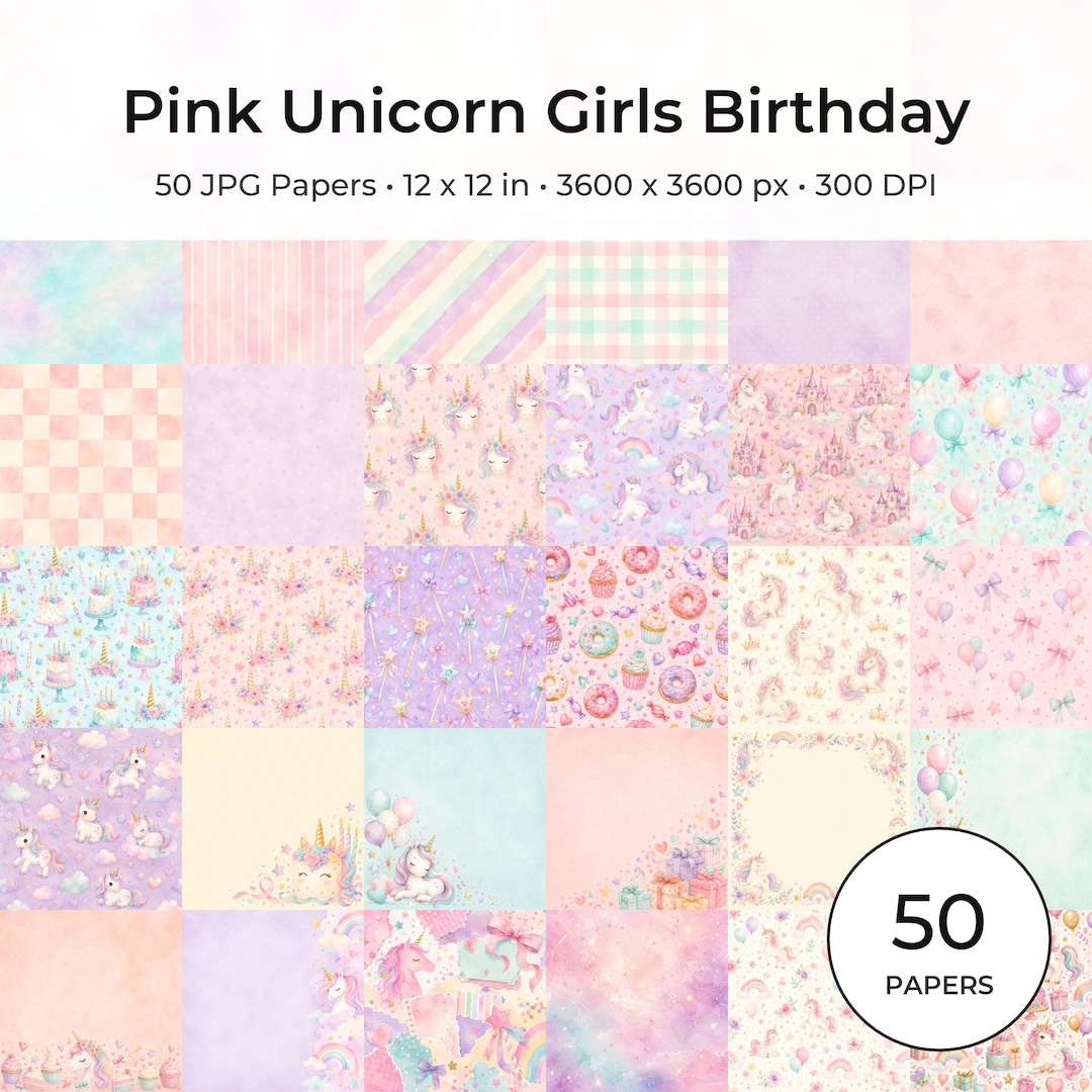 Pastel Unicorn Digital Paper Pack, Girls Birthday Scrapbook, Watercolor Magic (50 JPG Papers)