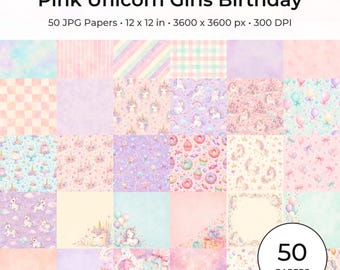 Pacote de Papel Digital Unicórnio Pastel, Álbum de Recortes de Aniversário para Meninas, Magia em Aquarela (50 Papéis JPG)