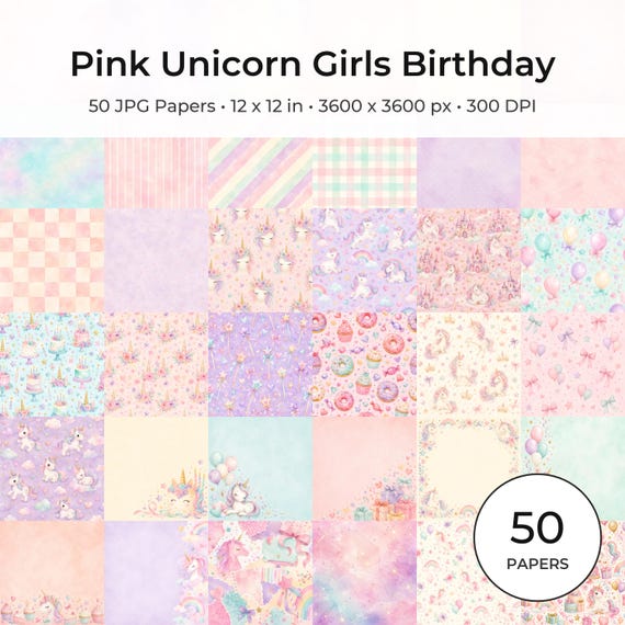Pastel Unicorn Digital Paper Pack, Girls Birthday Scrapbook, Watercolor Magic (50 JPG Papers)