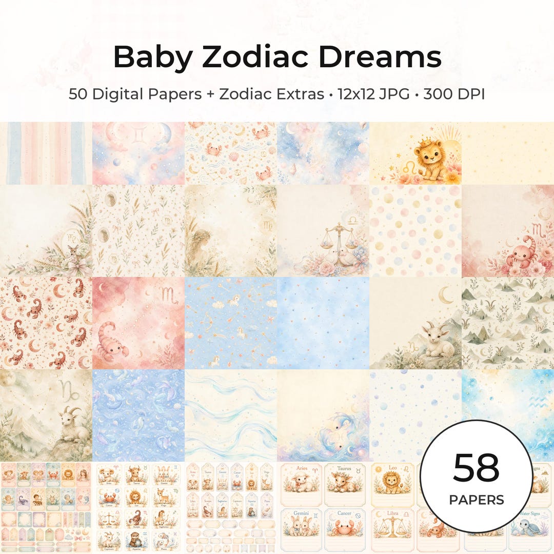 Baby Zodiac Digital Paper Pack, Celestial Nursery Scrapbook Kit, Astrology Clipart (12×12 JPG)