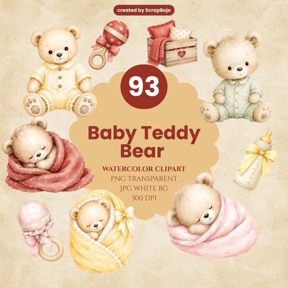 Watercolor Baby Teddy Bear Clipart Bundle, Nursery Shower PNGs (Digital Download)