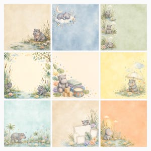 Baby Hippo Safari Watercolor Papers, Nursery Scrapbook Bundle (Digital Download) preview 4