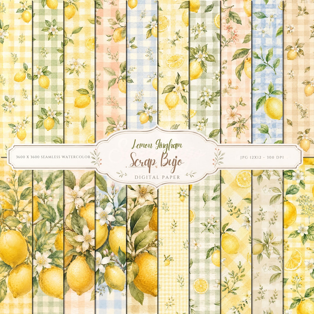 Watercolor Lemon Gingham Digital Paper Pack, Watercolor Citrus Scrapbook Pages (Digital Download)