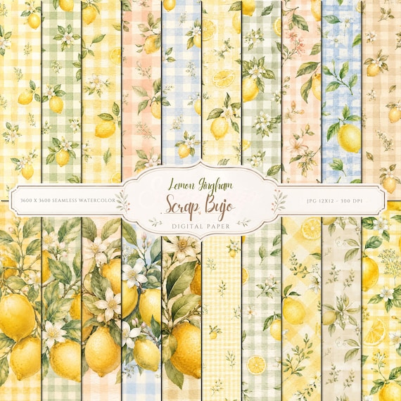Watercolor Lemon Gingham Digital Paper Pack, Watercolor Citrus Scrapbook Pages (Digital Download)