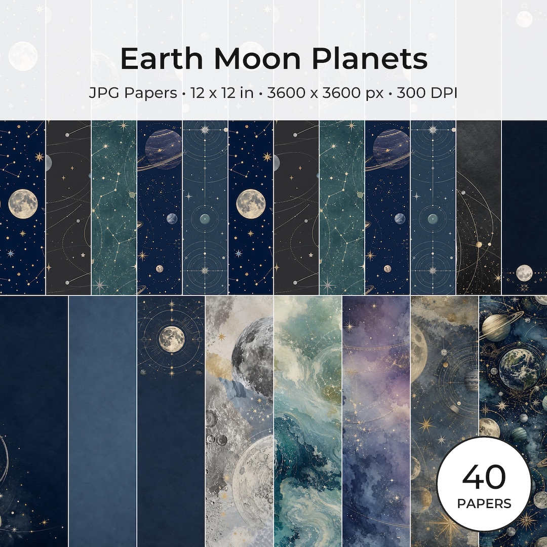 Celestial Digital Paper Pack, Earth Moon Planets Scrapbook Backgrounds (Digital Download)