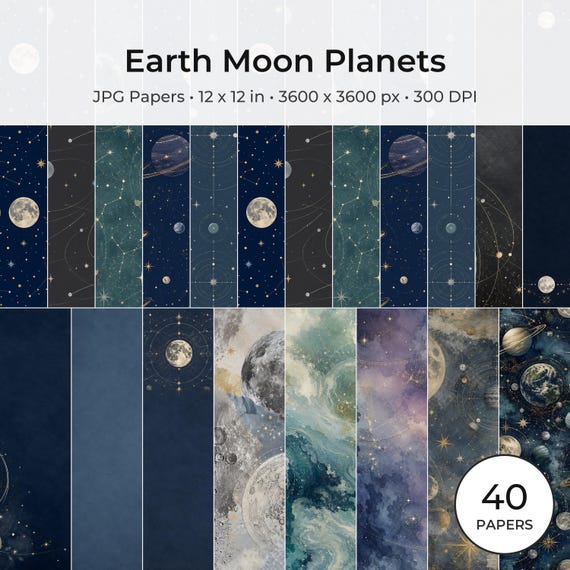 Celestial Digital Paper Pack, Earth Moon Planets Scrapbook Backgrounds (Digital Download)
