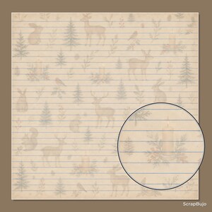 Puede incluir: Una hoja de papel de carta rayado con fondo beige que presenta un patr&oacute;n repetitivo de ciervos, conejos, ardillas, p&aacute;jaros, pinos y velas. Un recuadro circular de aumento resalta un detalle de una vela. El texto dice ScrapBujo.
