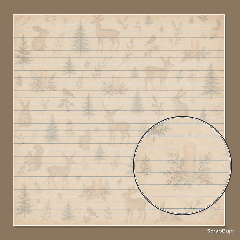 Puede incluir: Una hoja de papel de carta rayado con fondo beige que presenta un patr&oacute;n repetitivo de ciervos, conejos, ardillas, p&aacute;jaros, pinos y velas. Un recuadro circular de aumento resalta un detalle de una vela. El texto dice ScrapBujo.