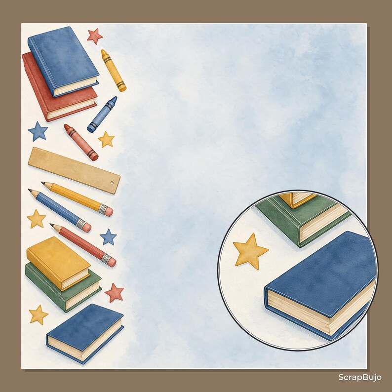 Op de afbeelding: Een digitale illustratie met een lichtblauwe aquarelachtergrond en een rand van schoolspullen, waaronder blauwe en rode boeken, gele en blauwe kleurpotloden, een houten liniaal, potloden en gele en blauwe sterren. Tekst: ScrapBujo.