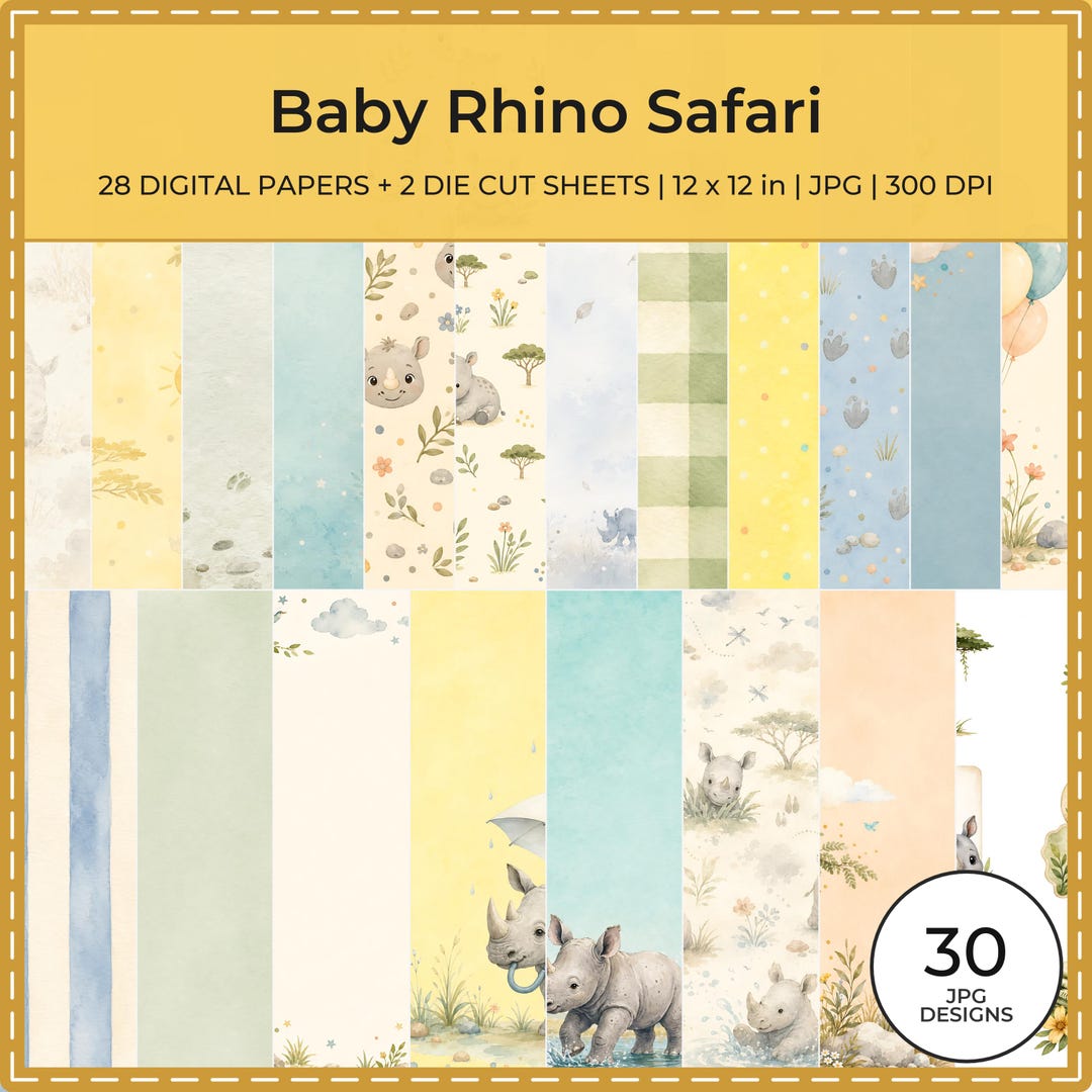Baby Rhino Safari Digital Paper Bundle, 28 JPG Jungle Nursery Papers, Rhino Die Cut Sheets, Baby Shower Scrapbook 12×12
