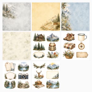 Mountain Vacation Scrapbook Bundle, Watercolor Papers, Cabin Die Cuts (Digital Download) preview 6