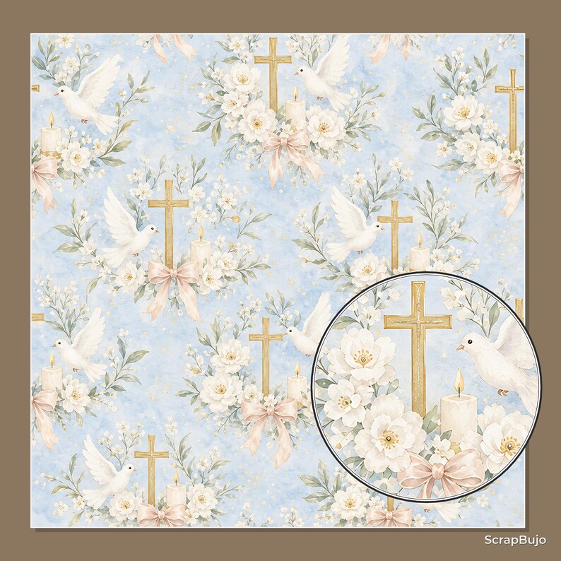 Akvarell dop, första nattvard, scrapbookpapper, religiösa blommiga duvljusdesigner (12x12 JPG) bild 14