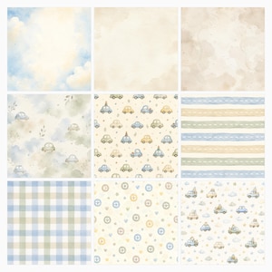 Watercolor Baby Car Nursery Digital Paper Pack, Toy Cars, Teddy Bears, Bunnies (Digital Download) preview 3