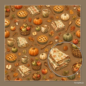 May include: A repeating pattern on a brown background featuring autumn motifs including orange and green pumpkins, lattice-crust pies, woven baskets filled with apples, floral mugs, wooden spoons, folded patterned napkins, and scattered fall leaves.