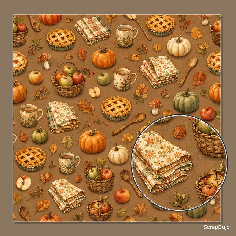 May include: A repeating pattern on a brown background featuring autumn motifs including orange and green pumpkins, lattice-crust pies, woven baskets filled with apples, floral mugs, wooden spoons, folded patterned napkins, and scattered fall leaves.