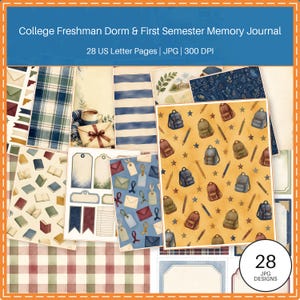 May include: A digital collection of 28 US Letter pages titled College Freshman Dorm & First Semester Memory Journal. The set features various patterns including plaid, stripes, books, backpacks, pencils, stars, envelopes, and tags in a color palette.