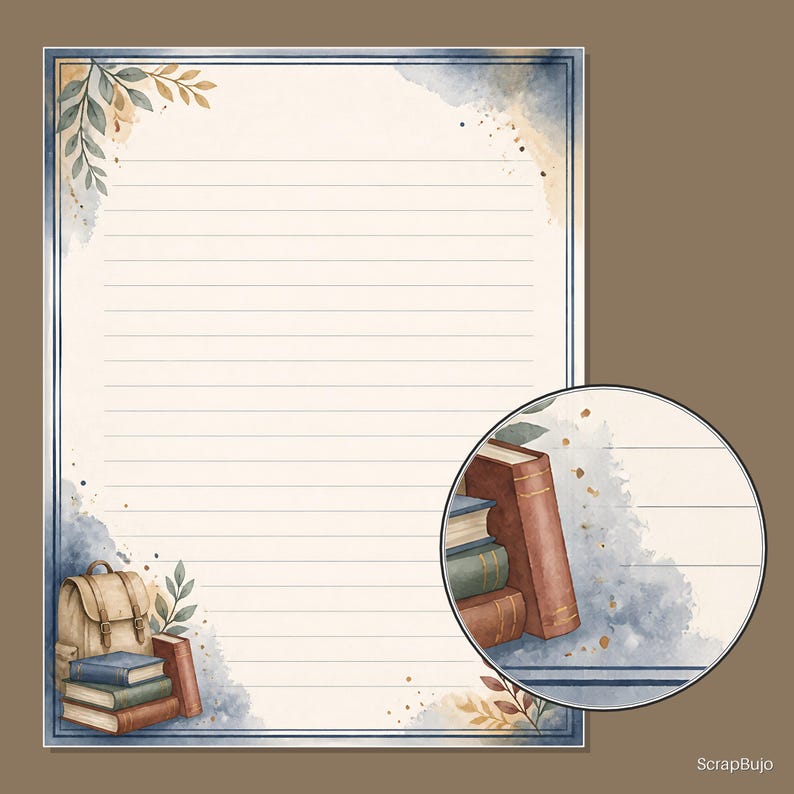 May include: A rectangular sheet of lined stationery featuring a watercolor illustration of a beige backpack and a stack of books in the bottom left corner, with leafy branches in the top left, all framed by a dark blue border and the text ScrapBujo.