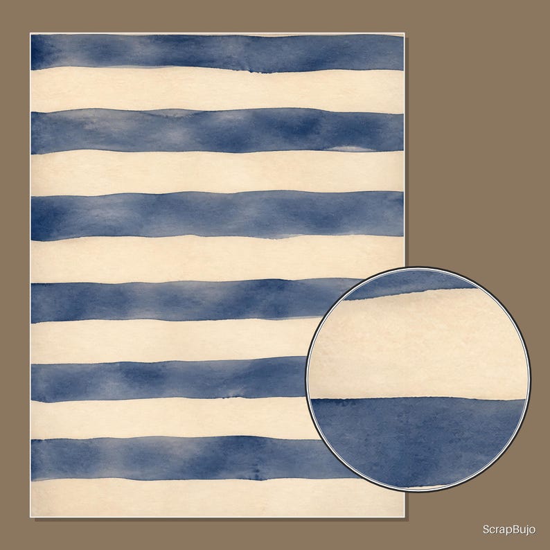 May include: A rectangular sheet of paper featuring a horizontal striped pattern in watercolor blue and off-white. A circular inset on the bottom right provides a magnified view of the blue and off-white stripes. The text ScrapBujo is visible.