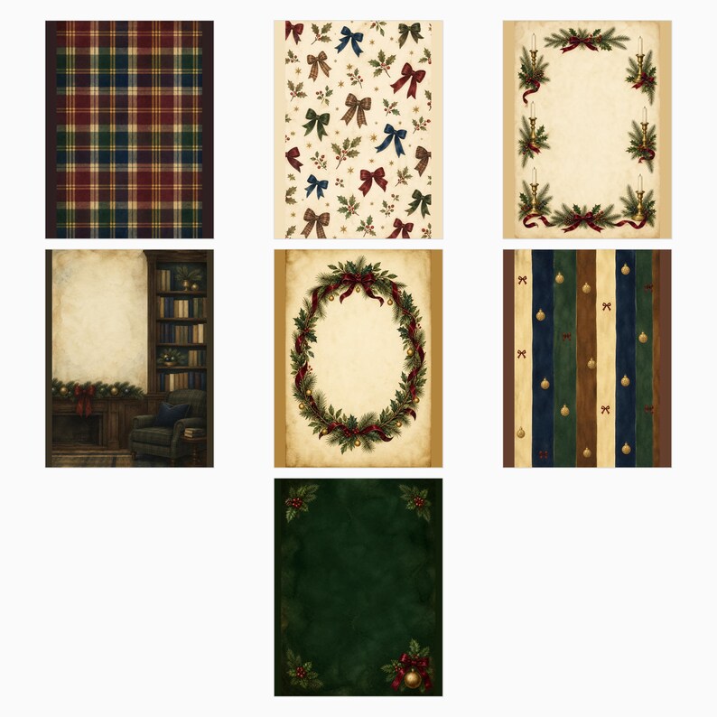 Op de afbeelding: Een verzameling van zeven rechthoekige digitale papieren met vakantiethema's, waaronder rood, groen en blauw ruitpatroon, feestelijke strikken, groenblijvende kransen, een bibliotheekinterieur, verticale strepen met ornamenten en een donkergroene hulstrand.