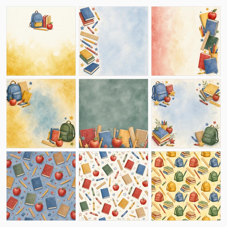 Op de afbeelding: Een collectie van negen digitale papierontwerpen met aquarelillustraties van schoolbenodigdheden, waaronder rugzakken, boeken, rode appels, potloden en linialen, gerangschikt in verschillende patronen, randen en verspreide motieven op getextureerde achtergronden.