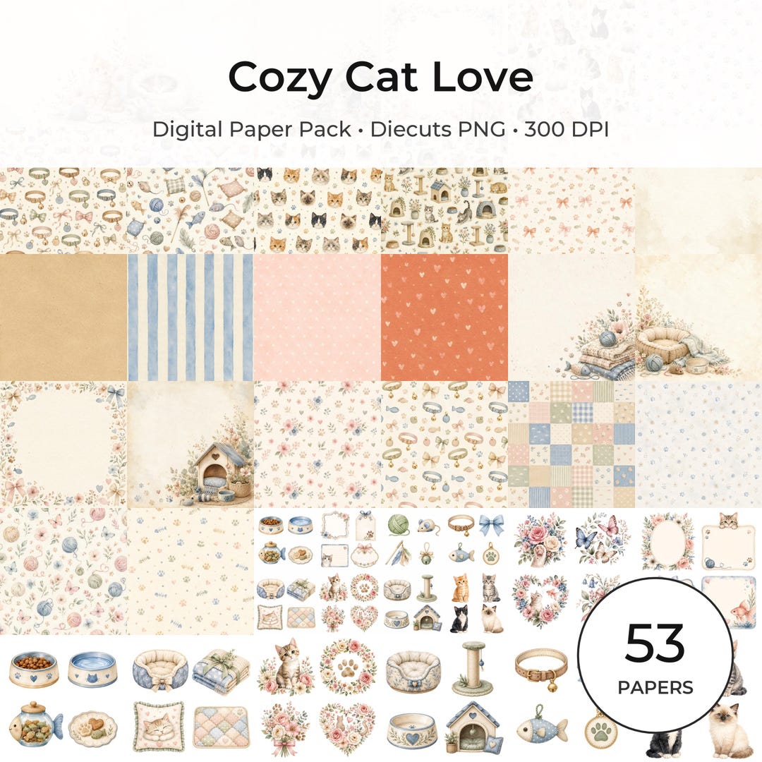 Cozy Watercolor Cat Digital Paper Pack, Kitten Scrapbook Papers, Paw Print Backgrounds (Digital Download)