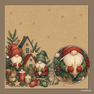 Puede incluir: Una hoja de papel decorativa con dos gnomos, uno con gorro rojo y otro con gorro verde, rodeados de casas de madera, ramas de pino, una ardilla, un conejo, velas y copos de nieve sobre fondo beige. El texto dice ScrapBujo.