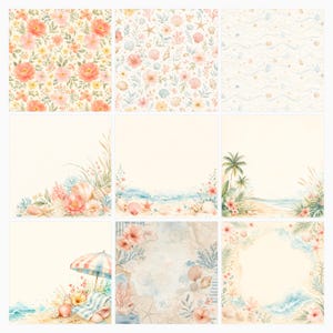 Coastal Summer Watercolor Digital Paper Pack, Beach Scrapbook Backgrounds (12×12 JPG) preview 3