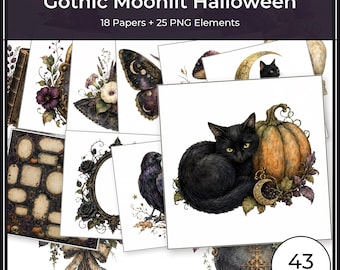 Gothic Moonlit Halloween Digital Paper & PNG Bundle, 18 Papers + 25 Spooky Elements, Commercial Use