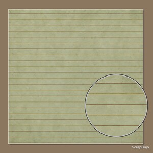 May include: A square sheet of light sage green paper featuring horizontal brown lines. A circular inset in the bottom right corner provides a magnified view of the paper texture and the brown lines. The text ScrapBujo appears in the bottom right.
