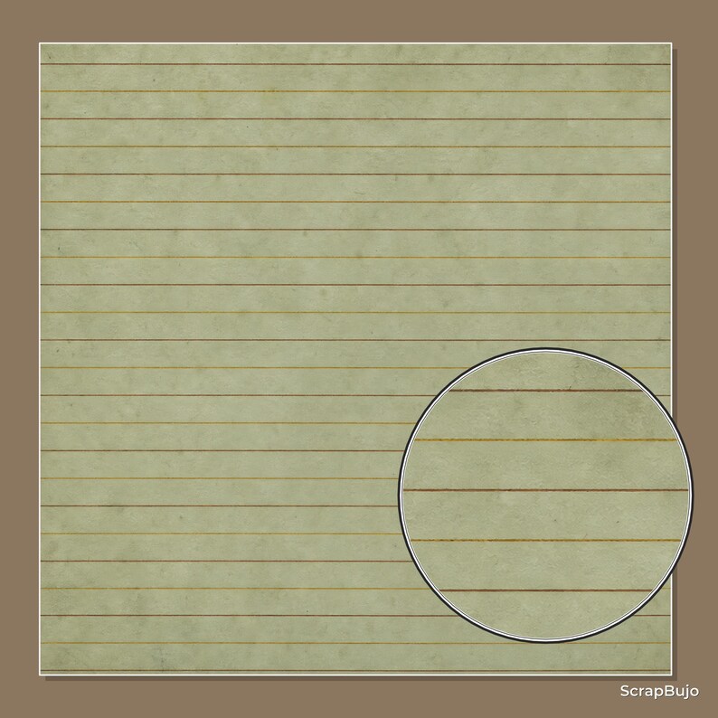 May include: A square sheet of light sage green paper featuring horizontal brown lines. A circular inset in the bottom right corner provides a magnified view of the paper texture and the brown lines. The text ScrapBujo appears in the bottom right.