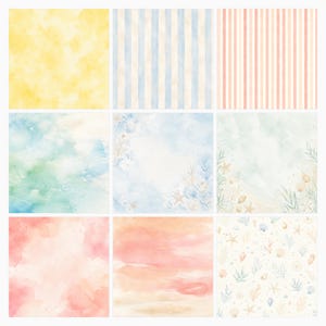 Coastal Summer Watercolor Digital Paper Pack, Beach Scrapbook Backgrounds (12×12 JPG) preview 4