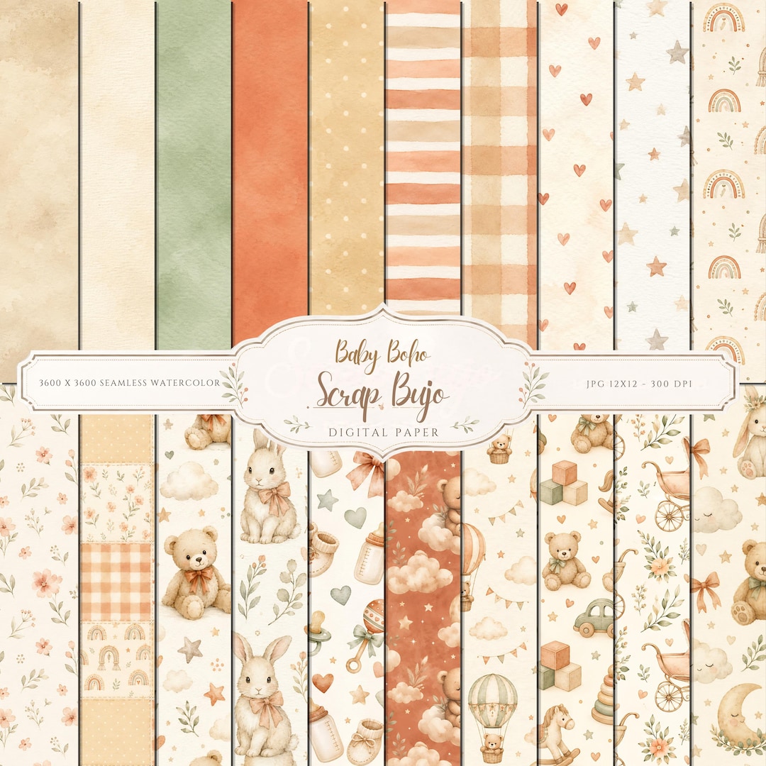 Baby Pink Boho Watercolor Digital Paper Pack, Nursery Scrapbook Clipart (Digital Download)