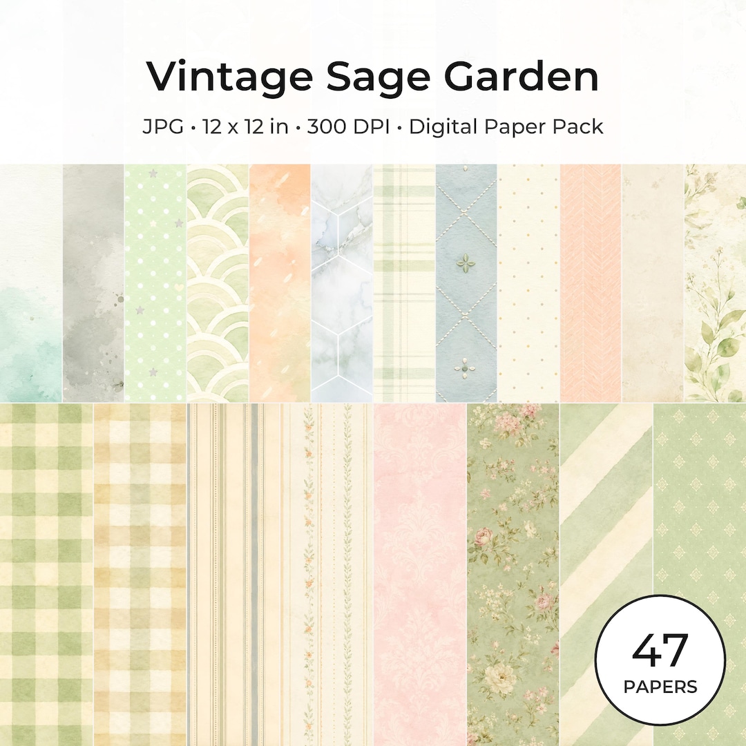 Vintage Sage Garden Digital Paper Pack, Floral Scrapbook, Shabby Chic Backgrounds (Download)
