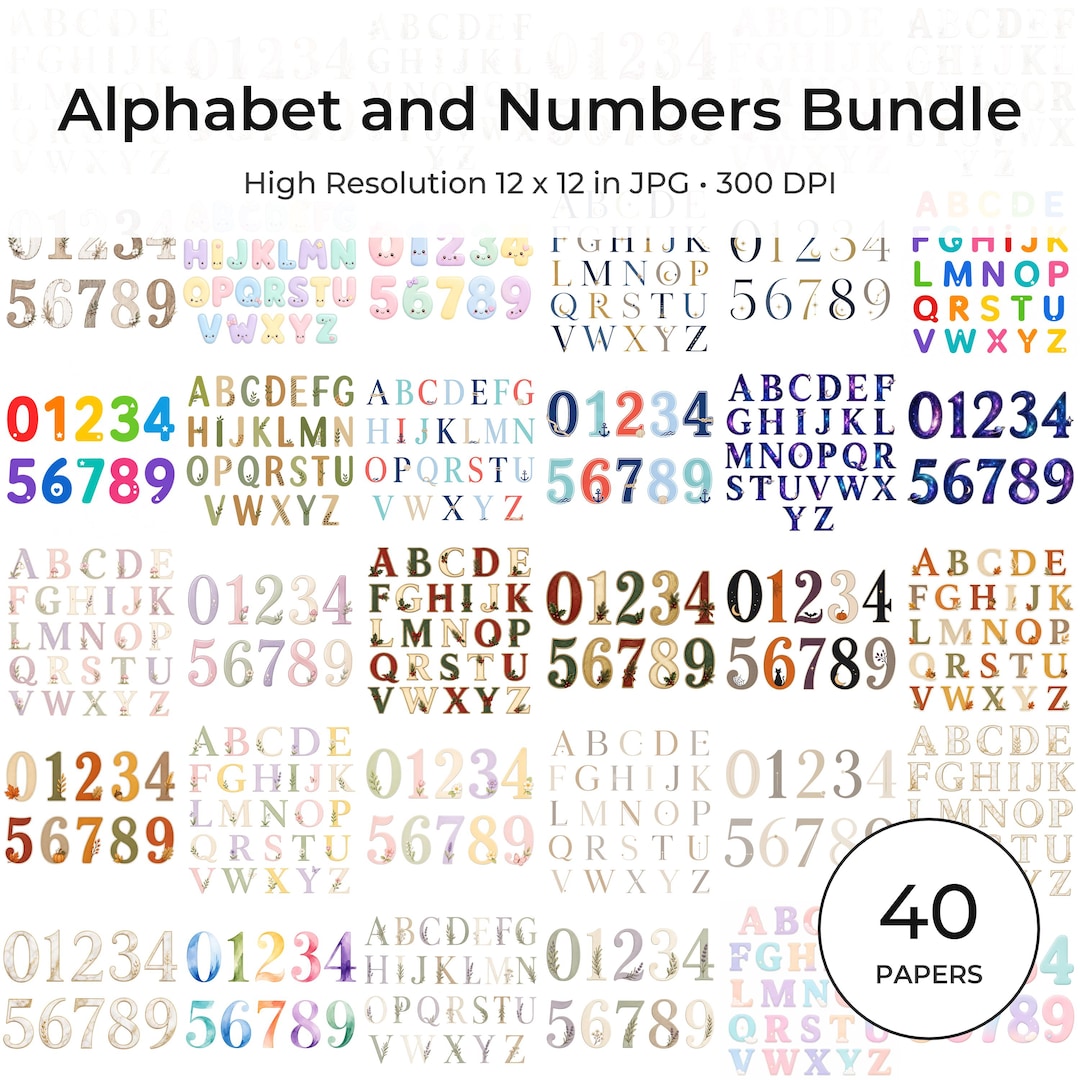 Alphabet and Numbers Printable Bundle | 20 Styles, JPG Files (Digital Download)