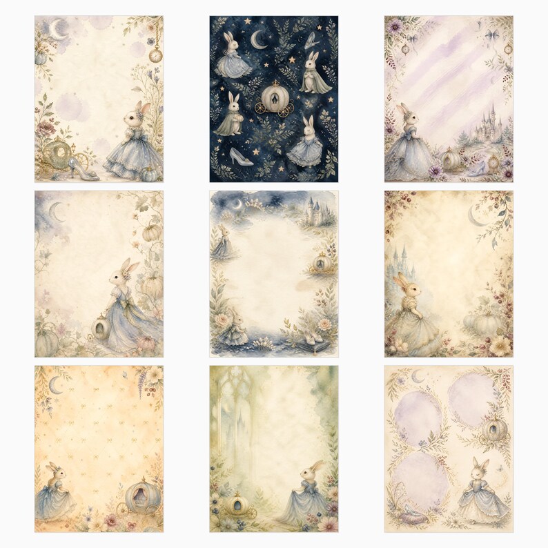 Peut inclure: Un ensemble de neuf papiers num&eacute;riques rectangulaires pr&eacute;sentant des illustrations &agrave; l'aquarelle de lapins en robe bleue, de carrosses citrouilles, de ch&acirc;teaux, de lunes et de motifs floraux. Les designs utilisent des tons bleus, cr&egrave;me et terre.