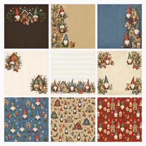 Puede incluir: Una colecci&oacute;n de nueve papeles digitales para &aacute;lbumes de recortes con ilustraciones festivas de gnomos, peque&ntilde;as casas de madera, ramas de pino, animales del bosque, manoplas y velas dispuestas en varios patrones y dise&ntilde;os de bordes.