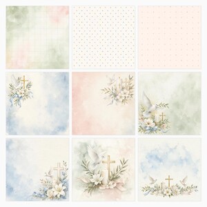 Akvarell dop, första nattvard, scrapbookpapper, religiösa blommiga duvljusdesigner (12x12 JPG) bild 3