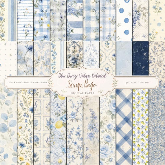 Watercolor Blue Breeze Vintage Botanical Scrapbook Paper Pack (Digital Download)