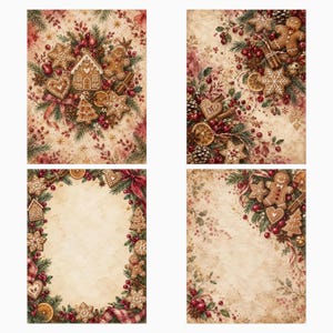 Puede incluir: Cuatro hojas de papel rectangulares con ilustraciones navide&ntilde;as de estilo vintage. Los dise&ntilde;os incluyen hombres de jengibre, casas, estrellas y corazones, acentuados con ramas de pino, bayas rojas, ramas de canela y rodajas de naranja seca.