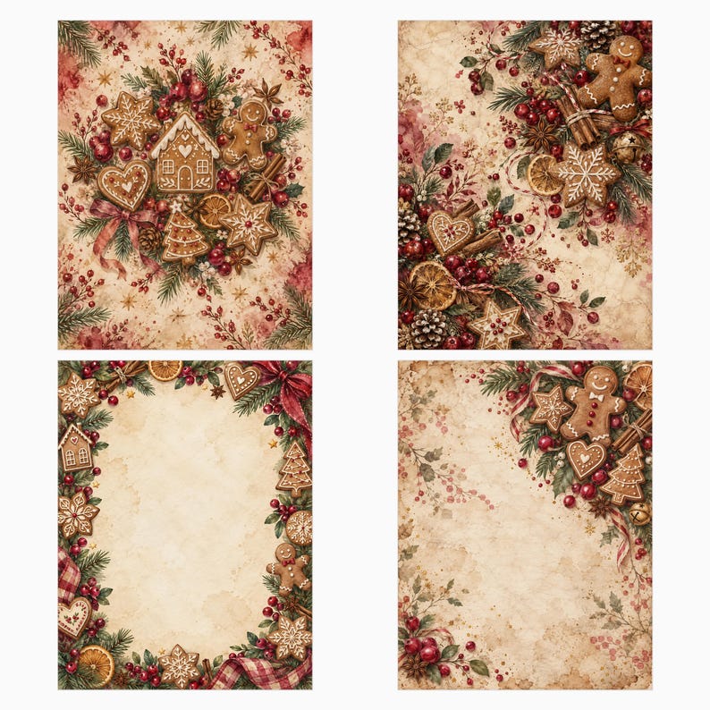 Puede incluir: Cuatro hojas de papel rectangulares con ilustraciones navide&ntilde;as de estilo vintage. Los dise&ntilde;os incluyen hombres de jengibre, casas, estrellas y corazones, acentuados con ramas de pino, bayas rojas, ramas de canela y rodajas de naranja seca.