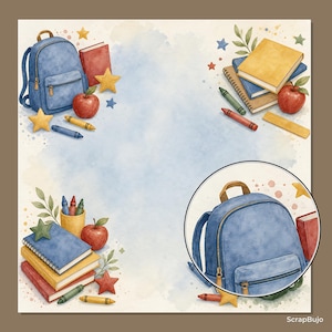 Op de afbeelding: Een aquarelillustratie met schoolbenodigdheden waaronder een blauwe rugzak, rode appels, stapels boeken, kleurpotloden en gele sterren rondom een lichtblauw vlak. Een cirkelvormig inzetstuk toont de blauwe rugzak in detail.