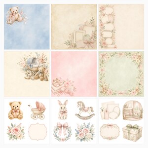 Neutral Heirloom Nursery Digital Papers Bundle, Teddy Bear Bunny Watercolor (Digital Download) preview 6