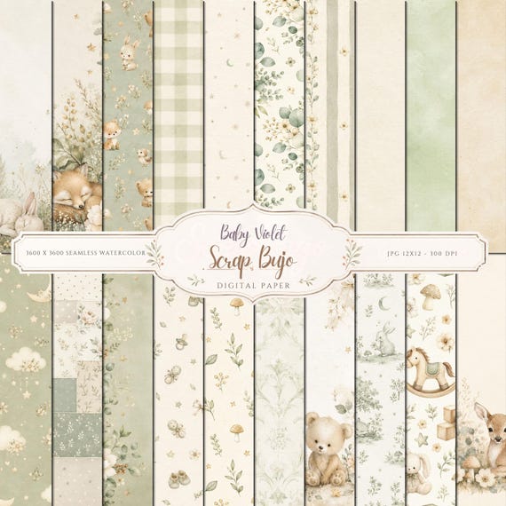 Woodland Baby Animals Digital Paper Pack | Sage Green Nursery Scrapbook (Digital Download)