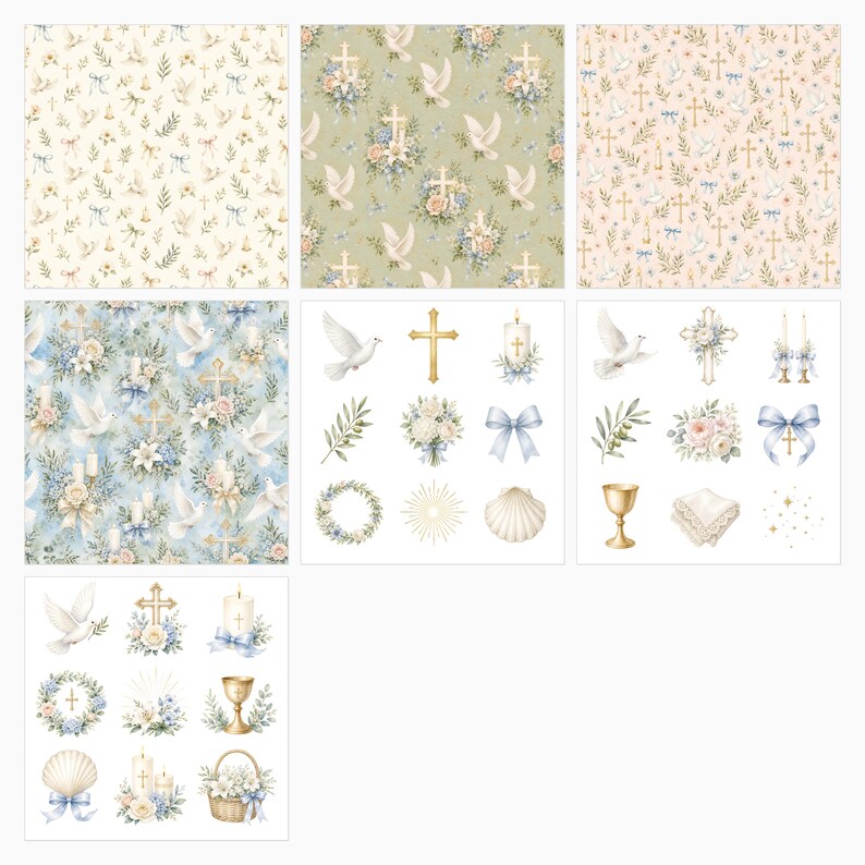 Akvarell dop, första nattvard, scrapbookpapper, religiösa blommiga duvljusdesigner (12x12 JPG) bild 6