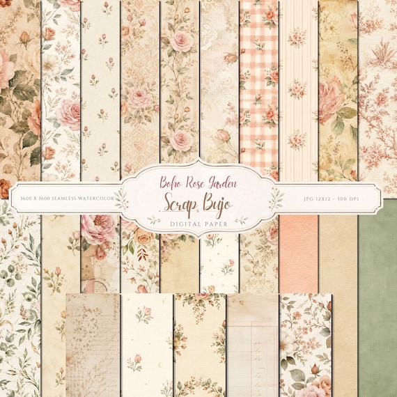 Boho Rose Garden Digital Paper Pack | Vintage Floral Scrapbook Paper | Junk Journal, Cottagecore Printable