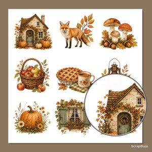 May include: A collection of autumn-themed illustrations featuring a stone cottage, a fox, mushrooms, a basket of apples, a pie with a mug, a pumpkin, a window with shutters, and a circular magnifying inset showing the cottage with the text ScrapBujo.